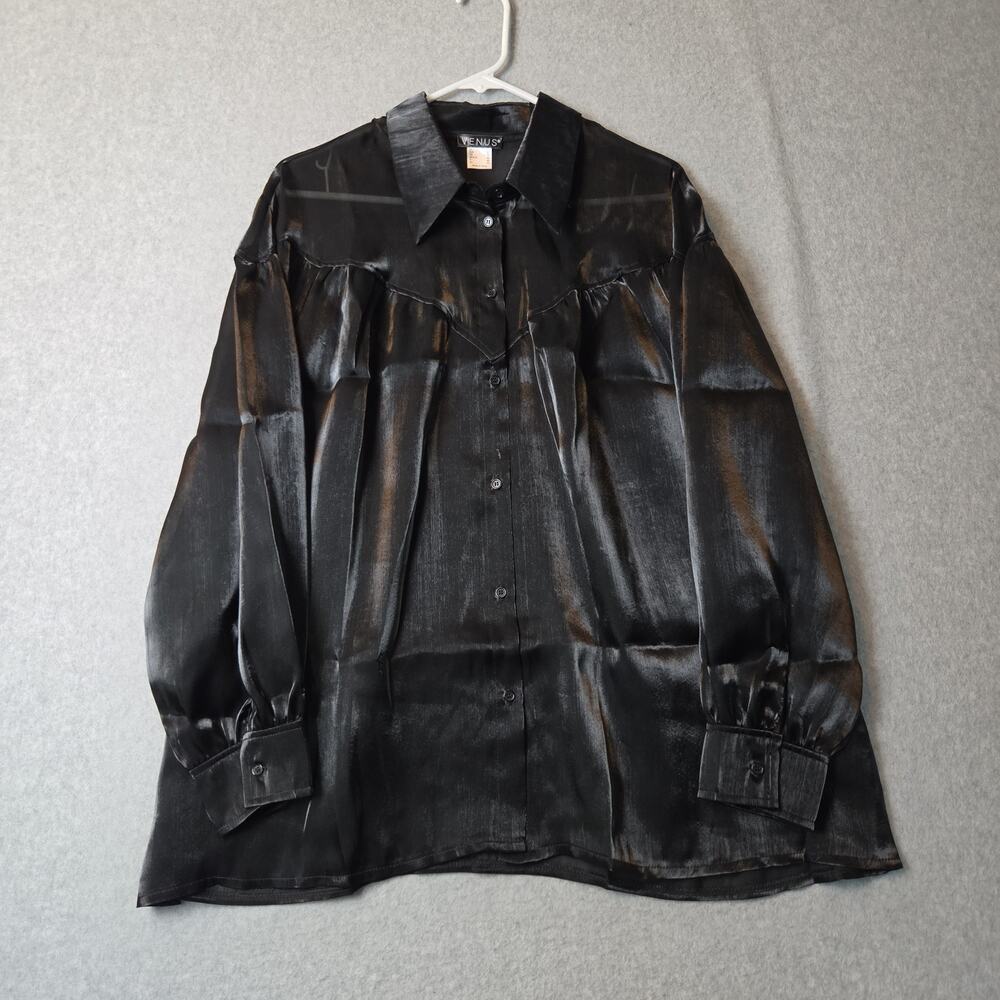 NWT Venus Gothic Black Satin LS Semi Sheer Western Yoke Button Up Blouse Size 10